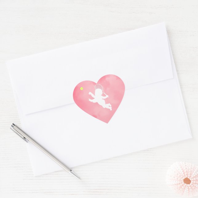 Pink and White Cupid Tennis Player With Racket Heart Sticker (Envelope)