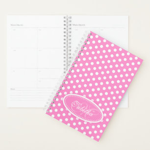 Pink and white custom name polka dot  planner