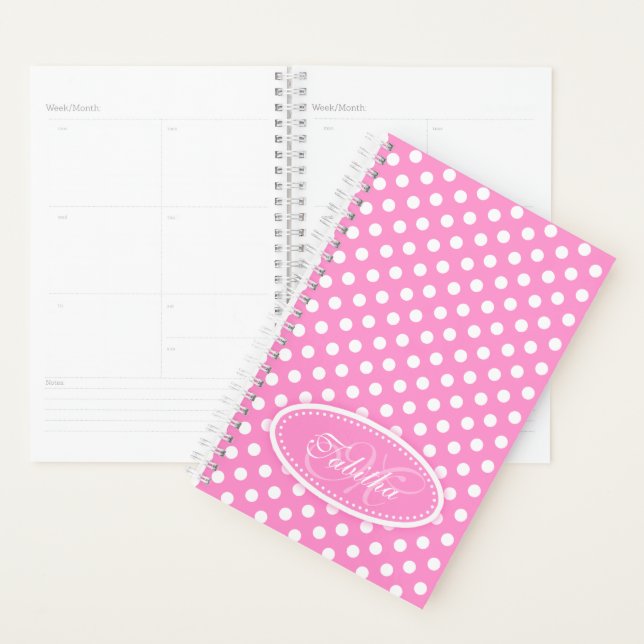 Pink and white custom name polka dot  planner (Display)