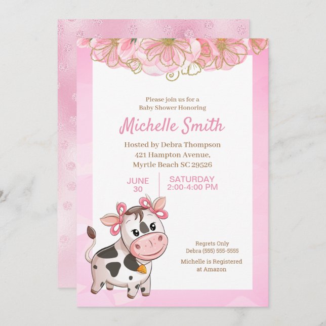 Pink and White Cute Cow Floral Baby Shower     Inv Invitation (Front/Back)