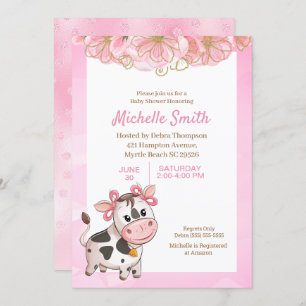 Pink and White Cute Cow Floral Baby Shower Inv Invitation