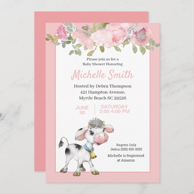  Pink and White Cute Cow Floral Baby Shower     Invitation (Front/Back)