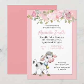 Pink and White Cute Cow Floral Baby Shower Invitation