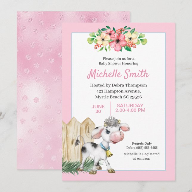 Pink and White Cute Cow Floral Baby Shower     Invitation (Front/Back)