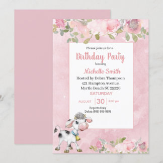Pink and White Cute Cow Floral Birthday Party Inv Invitation