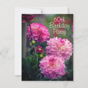 Pink and White Dahlia Flower 50th Birthday Party Invitation