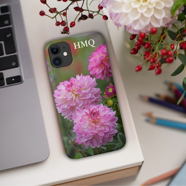 Pink and White Dahlia Flower Initials Case-Mate iPhone Case (Pink Dahlias personal initials phone case)