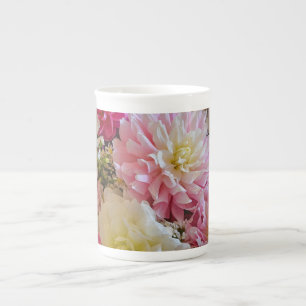 Pink and white dahlia flowers bone china mug