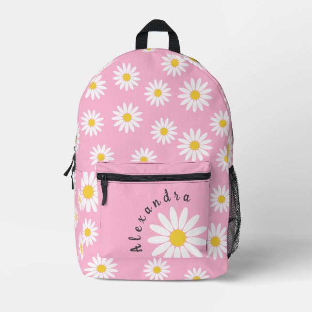 Pink and White Daisy and Name Printed Backpack (Front)