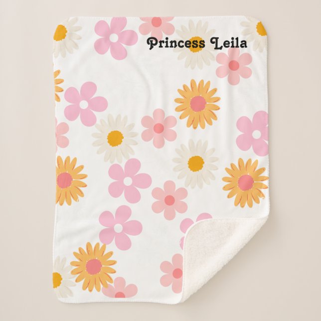 Pink And White Daisy Floral Personalised Baby name Sherpa Blanket (Front)
