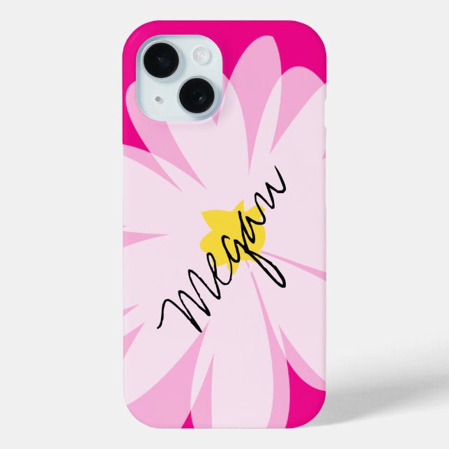 Pink and white daisy flower drawing iPhone 15 case (Back)