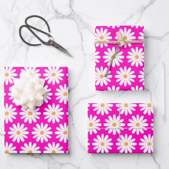 Pink and White Daisy Flower Wrapping Paper Sheet (Front)