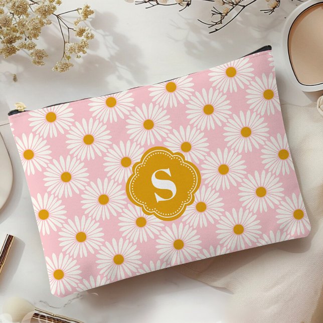 Pink And White Daisy Pattern Monogrammed  Accessory Pouch (Creator Uploaded)