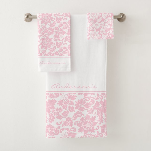 Pink And White Damask Bath Towel Set (Insitu)