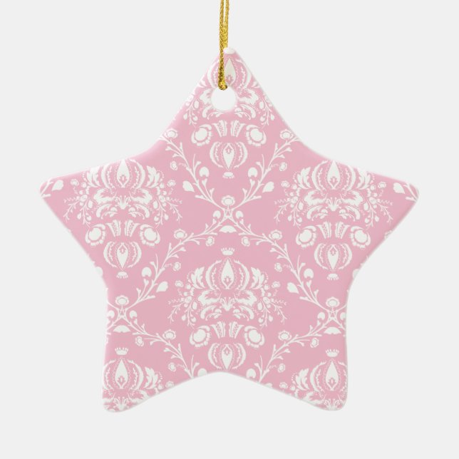 Pink and White Damask Ceramic Tree Decoration (Front)