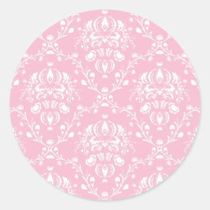 Pink and White Damask Classic Round Sticker