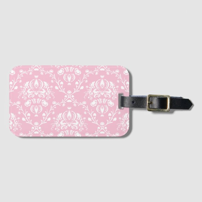 Pink and White Damask Luggage Tag (Front Horizontal)
