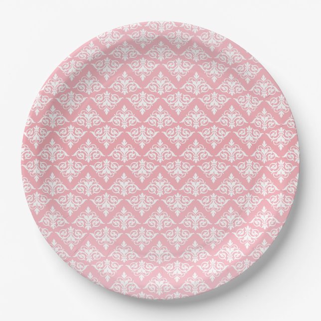 Pink and White Damask Paper Plate (Front)