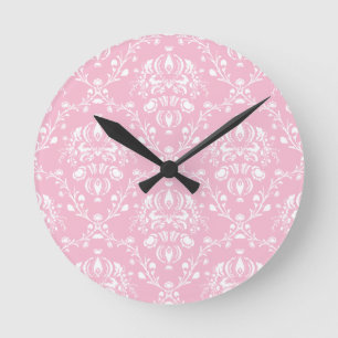 Pink and White Damask Round Clock