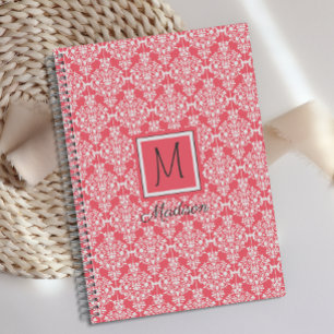 Pink and White Damask Trendy Monogram Planner