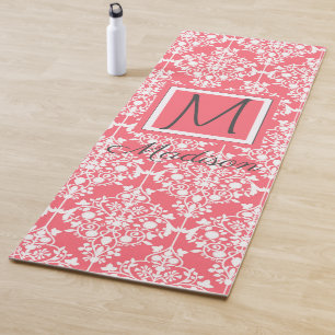 Pink and White Damask Trendy Monogram Yoga Mat
