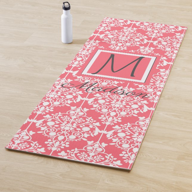 Pink and White Damask Trendy Monogram Yoga Mat (In Situ)