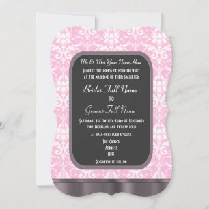 Pink and white damask wedding invitation