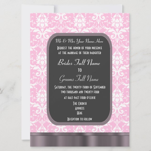 Pink and white damask wedding invitation (Front)