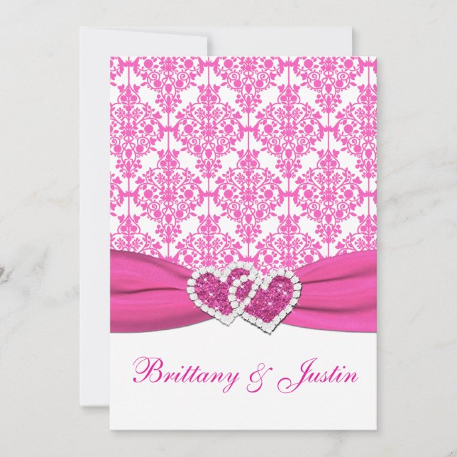 Pink and White Damask Wedding Invitation 5x7 (Front)