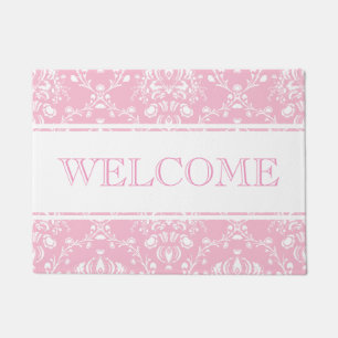Pink and White Damask Welcome Doormat