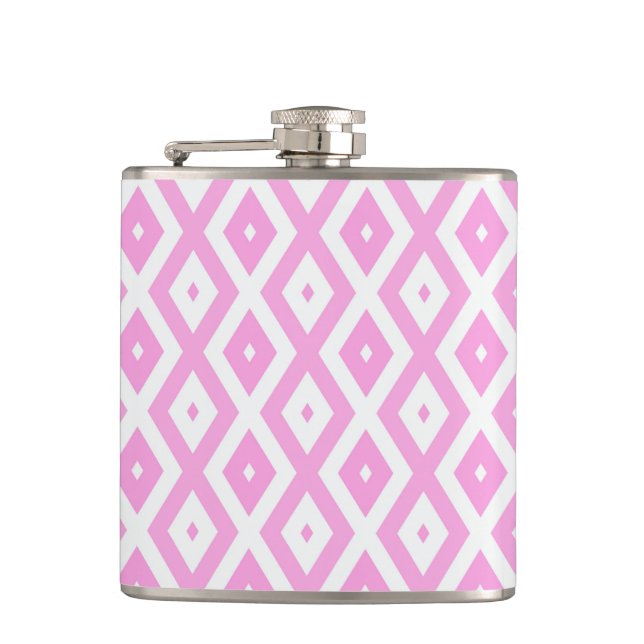 Pink and white diamond pattern hip flask (Front)
