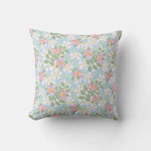Pink and White Dog Roses Pattern on Sky Blue Cushion