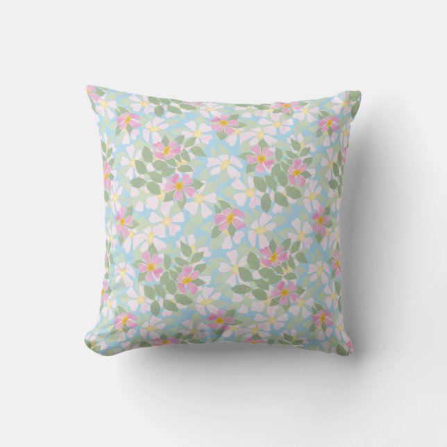 Pink and White Dog Roses Pattern on Sky Blue Cushion (Front)