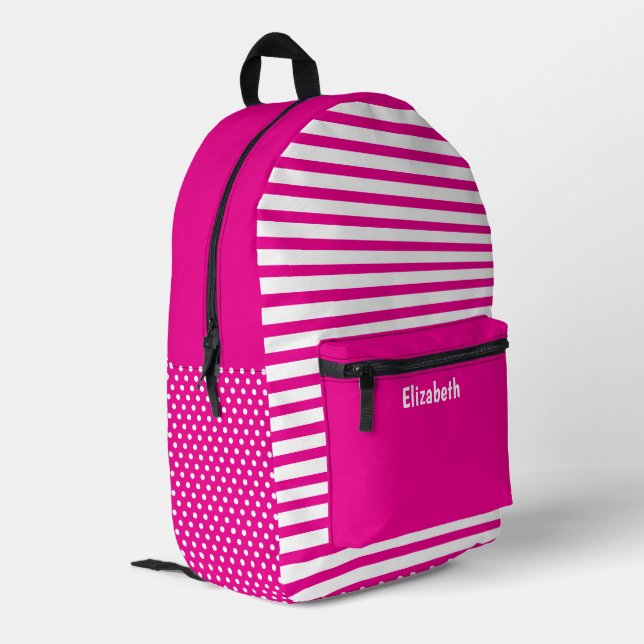 Pink and White Dots Dotted Striped Pattern Name Printed Backpack (Back Corner Left)