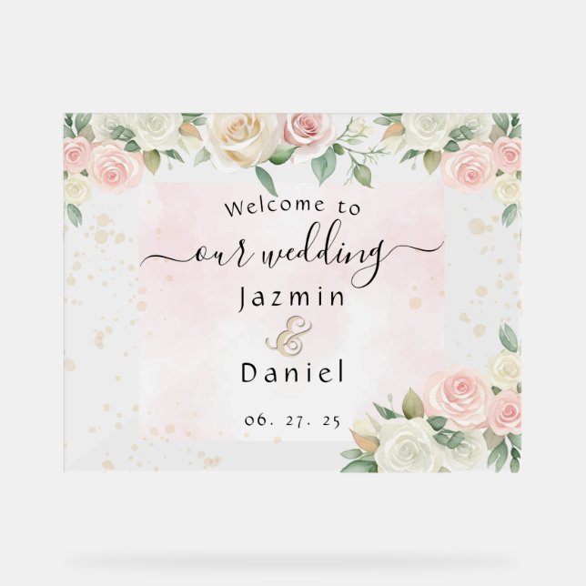 Pink And White Dusky Blooms Wedding Sign (Front)