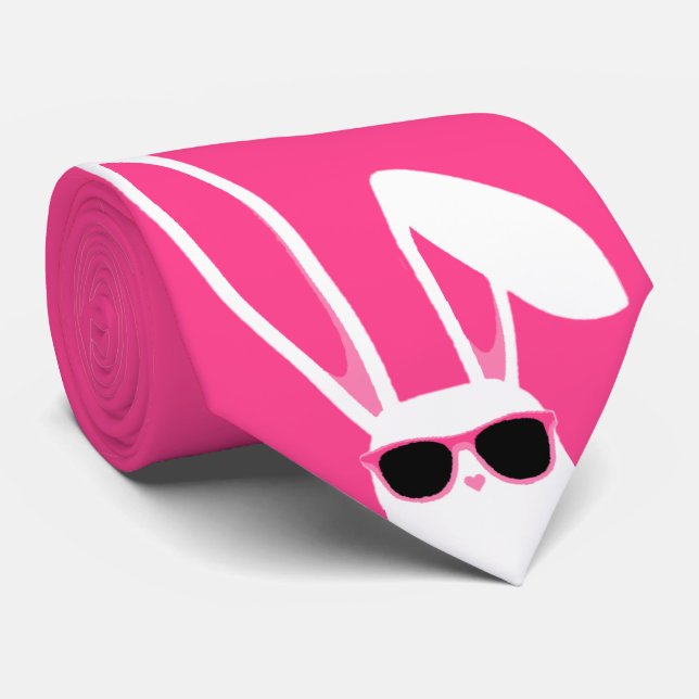 Pink and White Easter Bunny Wearing Sunglasses Tie (Rolled)