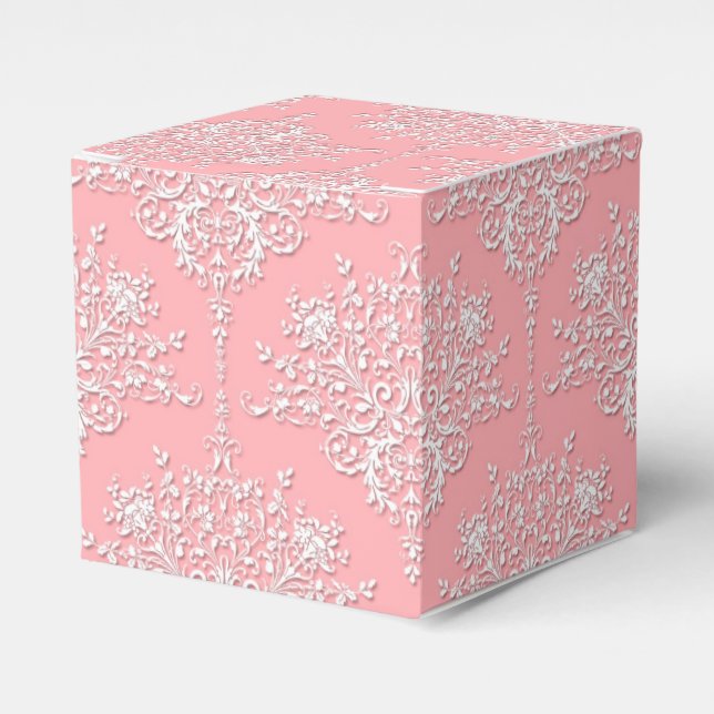 Pink and White Fancy Floral Damask Pattern Favour Box (Front Side)