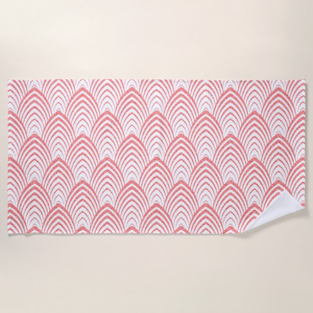 Pink and white faux glitter art-deco pattern beach towel (Front)