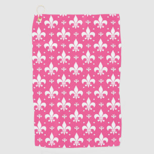 Pink and White Fleur-de-lis Design Golf Towel