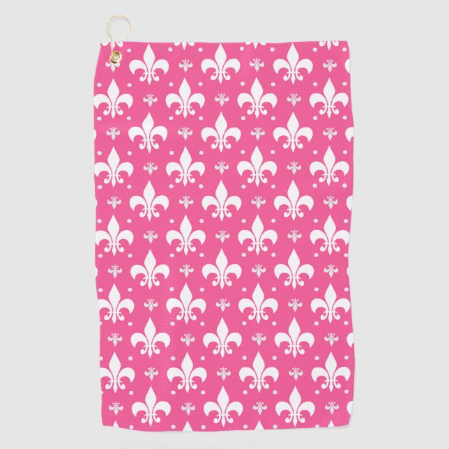 Pink and White Fleur-de-lis Design  Golf Towel (Front)
