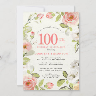 Pink and White Floral 100th Birthday Invitation