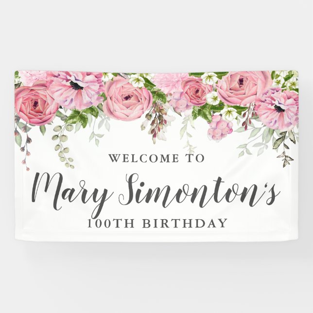Pink and White Floral 100th Birthday Party Welcome Banner (Horizontal)