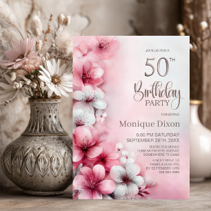 Pink and White Floral 50th Birthday Party Invitation