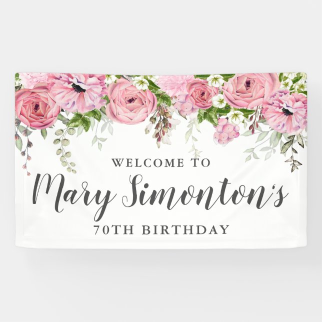 Pink and White Floral 70th Birthday Party Welcome Banner (Horizontal)