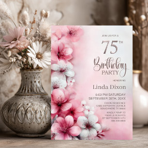 Pink and White Floral 75th Birthday Party Invitation