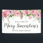 Pink and White Floral 90th Birthday Party Welcome Banner<br><div class="desc">Rustic and elegant. Pink roses and white flowers and lots of greenery,  leaves and vines join together to create a beautiful floral border along the top of this 90th birthday banner.  Please contact me if you need help customising it or finding coordinating items.</div>
