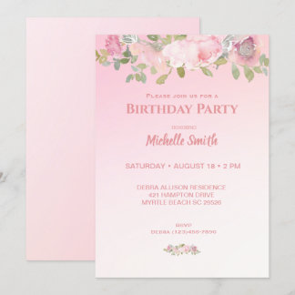  Pink and White Floral Birthday Party   Invitation