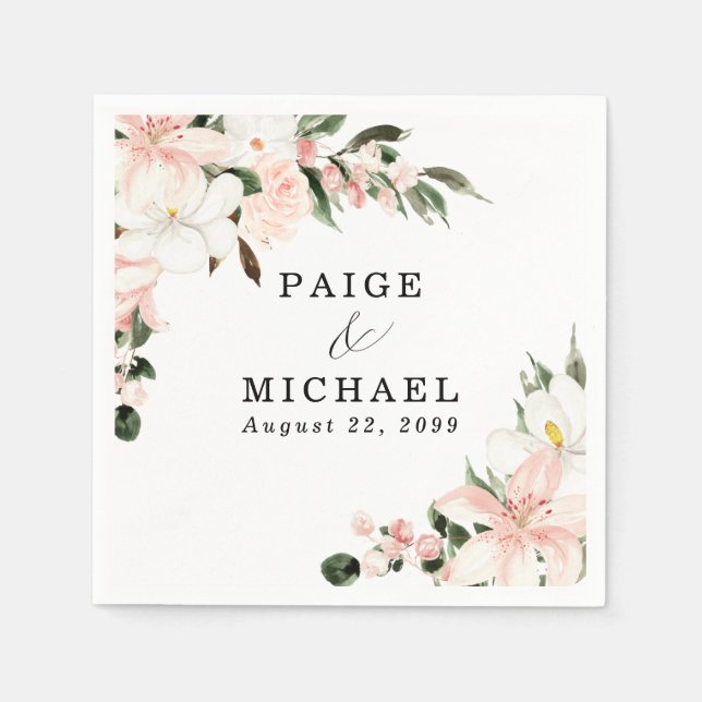 Pink and White Floral Custom Wedding Napkin (Front)
