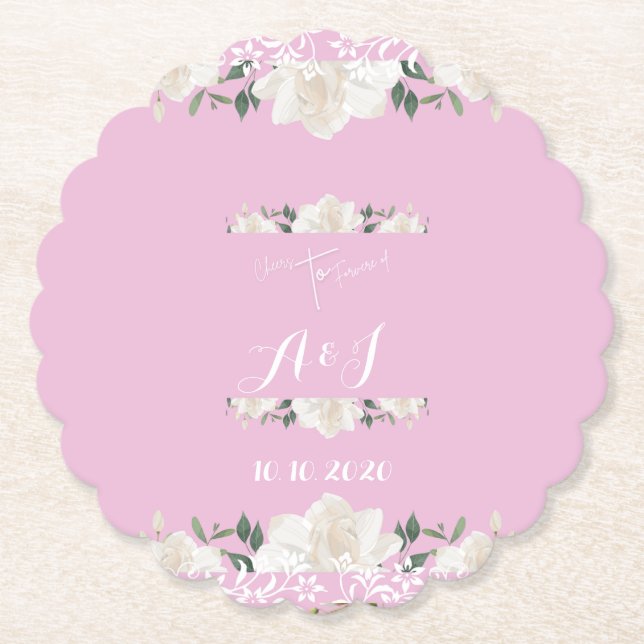 Pink and white floral monogram Paper Coaster (Front)