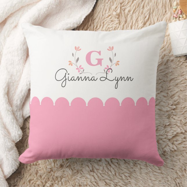Pink and White Floral Monogram Pillow (Blanket)